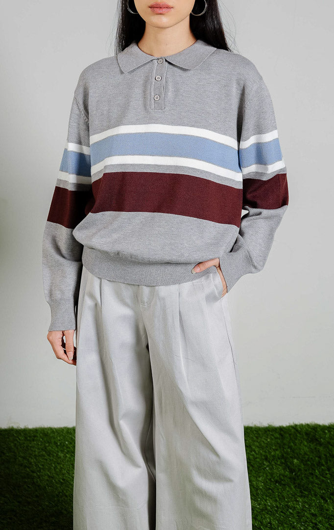Sterling Rugby Stripe Collared Sweater warna grey, baju sweter polo rajut lengan panjang motif garis warna abu-abu kombinasi dari This Is April.