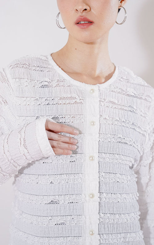 Outer crop wanita lengan panjang Anandra Top dari This Is April berwarna putih dengan detail tekstur renda horizontal berlapis dan material sheer menerawang, digantung di rak pakaian.